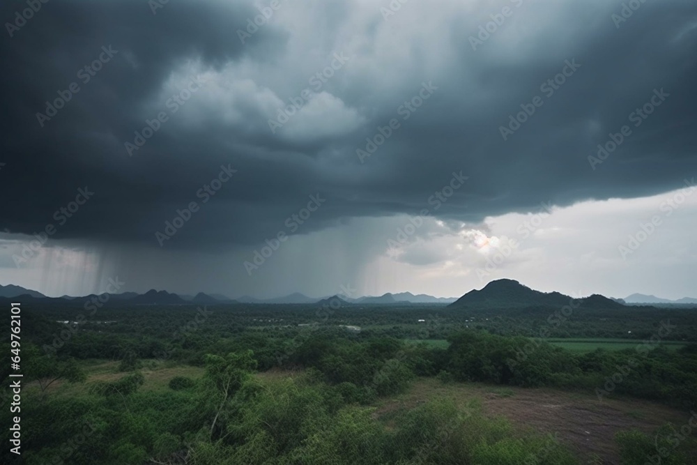 Wide view of dark and cloudy sky with white clouds in the rainy season, creating a gloomy and moody atmosphere before rain. Generative AI