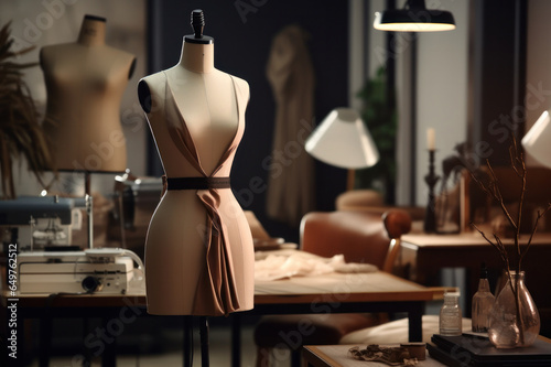 Crafting Elegance: Inside the Fashion Design Studio, a Glimpse of a Tailor's Office with a Mannequin Showcasing the Latest Dress Design. photo