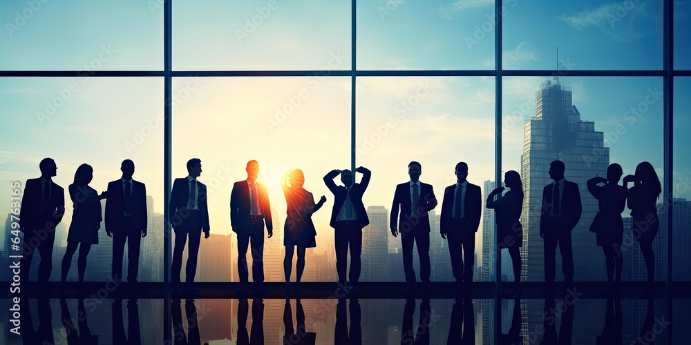 The business team rejoices at the event together in the office against the background of the rising sun. Generated by AI . The business team rejoices at the event together in the office against the background of the rising sun. Generated by AI .