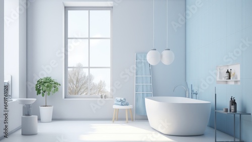 Interior of modern luxury scandi bathroom with window and white walls. Free standing bathtub, wash basin, houseplant, pendant lamps. Contemporary home design. 3D rendering. © Georgii