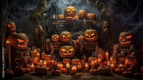 set up for halloween with pumpkins carved with monsters and lit by candles