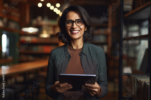Empowering Innovation: A mature Hispanic businesswoman, radiating creativity and leadership, smiles while managing web design for a thriving tech-driven Indian startup.