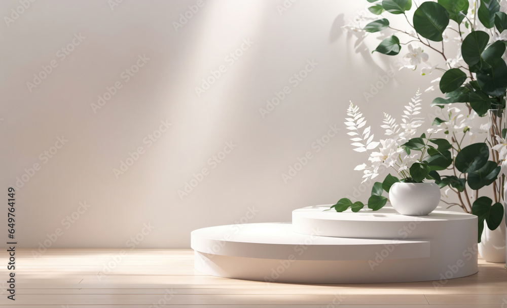 Empty Podium with Flowers and Leaf, Plant for Wedding on Window for Product Skin Care and Beauty Presentation, using Generative Ai Empty Podium with Flowers and Leaf, Plant for Wedding on Window for Product Skin Care and Beauty Presentation, using Generative Ai