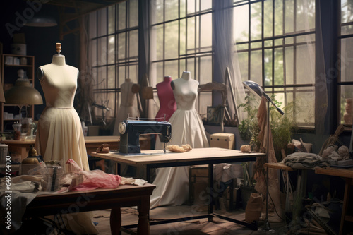 Where Artistry Meets Fabric: Inside a Designer's Studio, a Vibrant Array of Sewing Essentials, Elegant Drapes, and Mannequins Awaiting Creation.