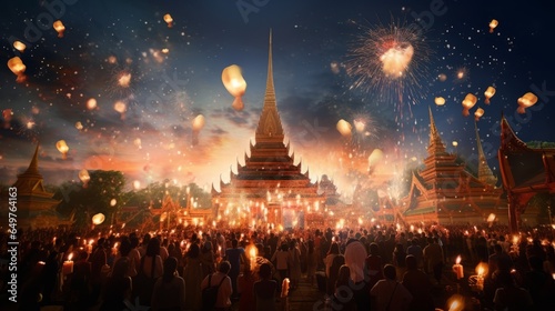a large group of people standing in front of a building, thai temple, fireworks, warm glow from the lights © Aliaksandr Siamko
