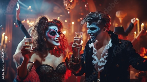 Young Smiling Couple in Halloween Costumes Dancing. Handsome Man and Beautiful Woman Drinking Champagne and Dancing at Halloween Party in Nightclub. Friends having Fun. Celebration of Halloween