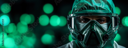 Scientist wearing personal protective equipment isolated on a gradient green background 