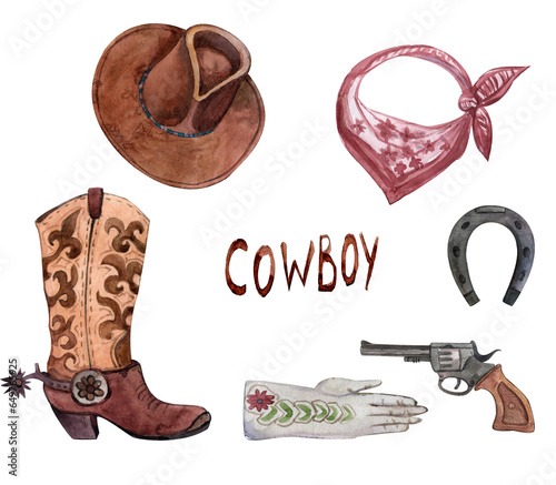 A set of a cowboy from a western in a hat, an old rusty horseshoe, a chest, boots and a handkerchief. American rodeo season.Watercolor illustration
