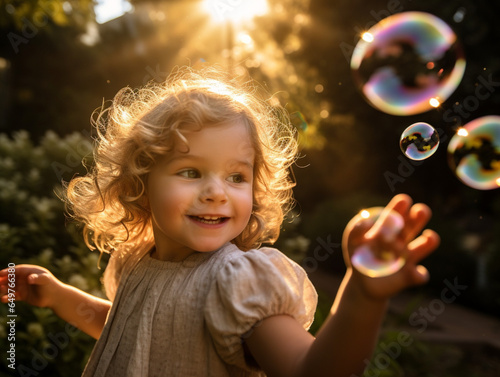 Blissful Moments: A Young Child's Delightful Bubble Play in a Sun-Kissed Backyard