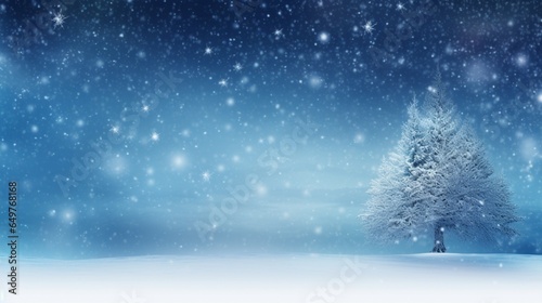 Snowy winter tree background. Christmas and New Year tree borders in blue, widescreen, with an abstract blue background and snow © Amin arts