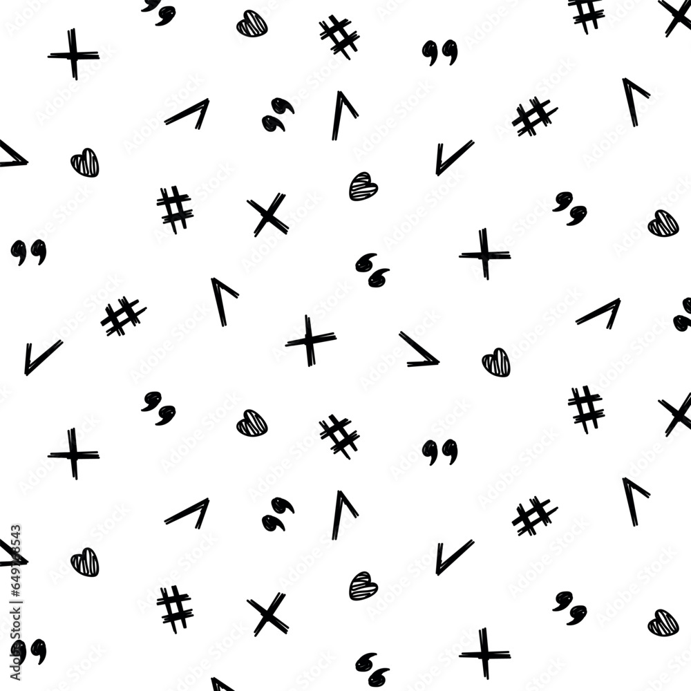 Seamless pattern of signs, tick, cross, quotation marks. Math pattern, minimalism, vector