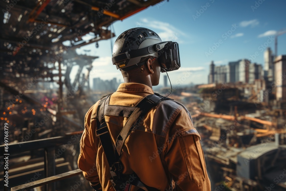 Builder architecture man simulator with VR on construction site, Generate with Ai