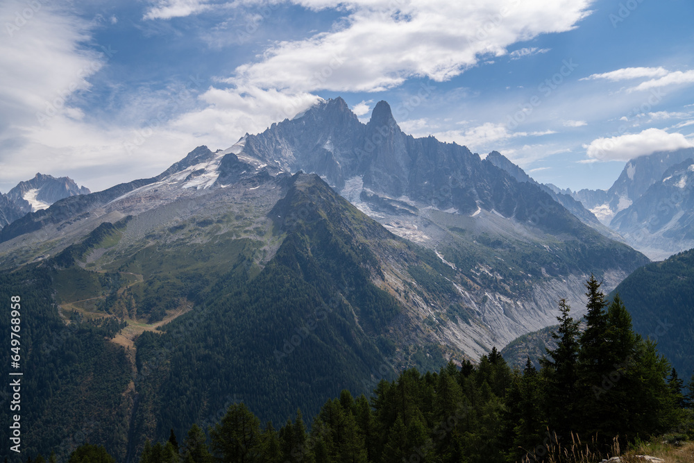 Amazing view on Monte Bianco mountains range with with Monblan on background. Vallon de Berard Nature Preserve, Chamonix, Graian Alps. Landscape photography