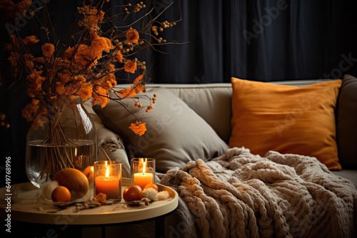 Warm Interior Design. Candles over a Autumnal Floral Background with a Sofa. Orange Fall Colors.