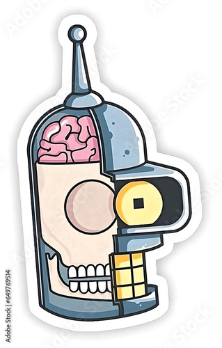 robot, robot with brain, brain, robot sticker, sticker, half of robot, skull under robot, illustration, vector, robot drawing, robot tattoo, tattoo