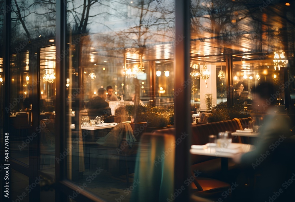 Elegant view of an evening restaurant with tables, illuminated by lamps and evening lights.