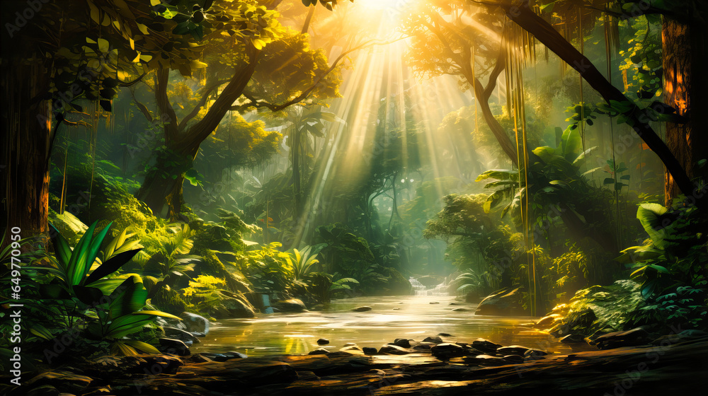 Sunrays Piercing Through Rainforest Canopy,