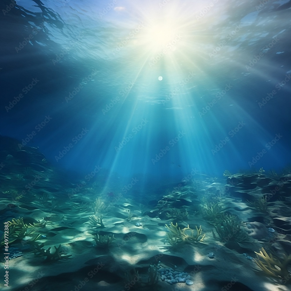 underwater scene with rays of light - sunlight ray undersea background with sea bed view.
underwater scene with rays of light - sunlight ray undersea background with sea bed view.