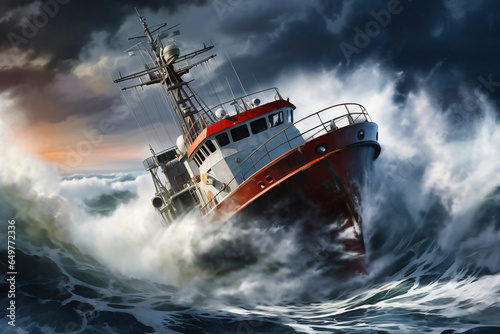 A cargo or fishing ship is caught in a severe storm. Ship at sea on big waves. The threat of shipwreck. Element in the ocean. The hard work of a sailor. © Anoo