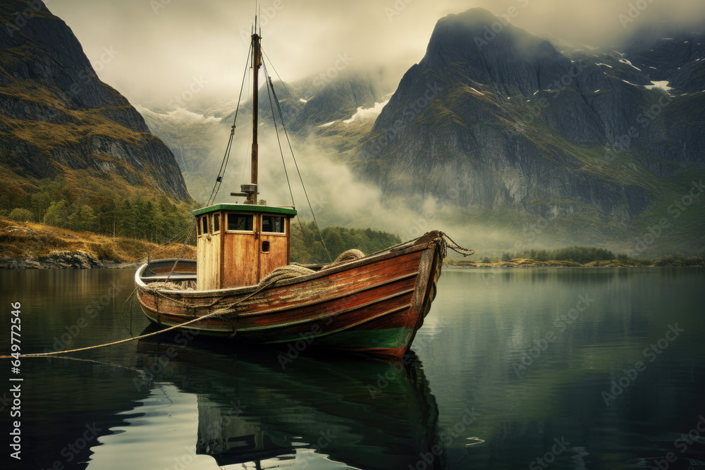 A fishing boat is moored in a sea bay or lake on a fjord background.