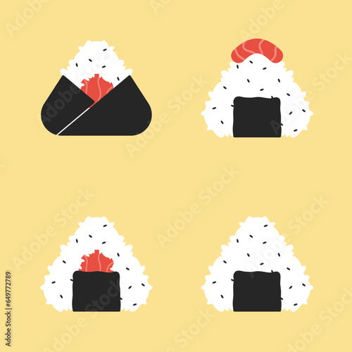 Set of different Japanese rice ball onigiri, vector illustration.