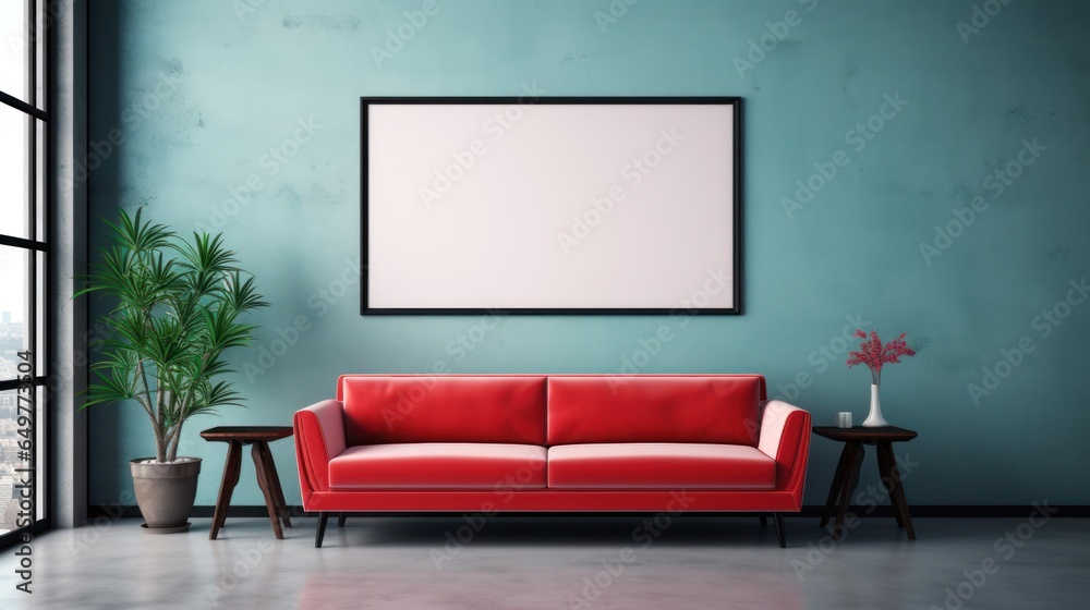 Interior waiting room mockup with sofa and frame 3D render. Interior waiting room mockup with sofa and frame 3D render.