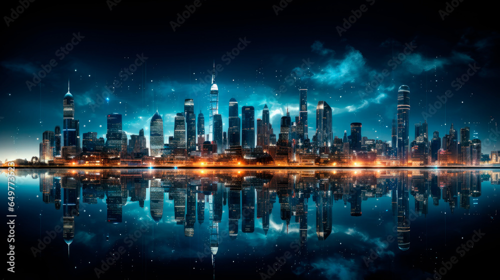 Panoramic skyline and modern  skyscrapers with reflection on a water