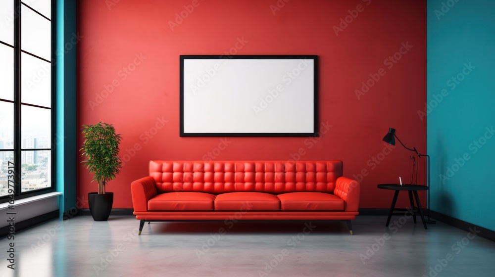 Interior waiting room mockup with sofa and frame 3D render. Interior waiting room mockup with sofa and frame 3D render.
