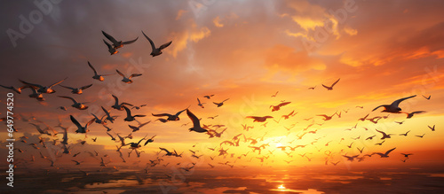 Panorama swirl murmuring  silhouette of birds against the sunset.AI generated.