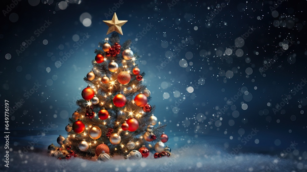 Christmas Tree over a Magical Blue Sky full of Colorful Particles. X-Mas event. Christmas Tree over a Magical Blue Sky full of Colorful Particles. X-Mas event.