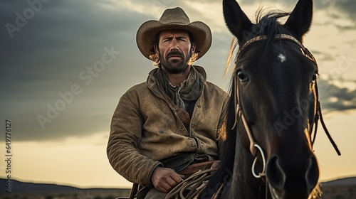 Western cowboy or farmer or rancher portrait outdoor background. Handsome american man wearing leather cowboy hat.  © Oksana Smyshliaeva