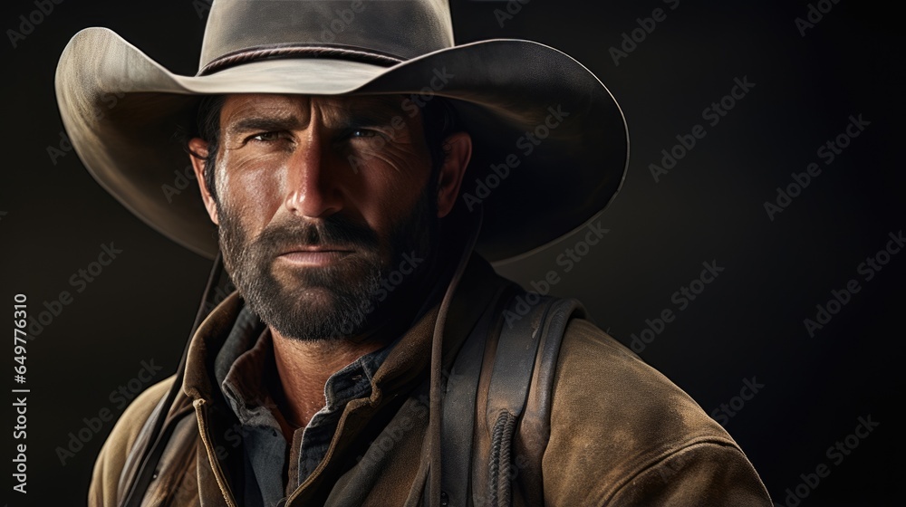 Western cowboy or farmer or rancher portrait outdoor background. Handsome american man wearing leather cowboy hat.  - obrazy, fototapety, plakaty 
