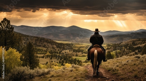 Western cowboy or farmer or rancher portrait outdoor background. Handsome american man wearing leather cowboy hat. 