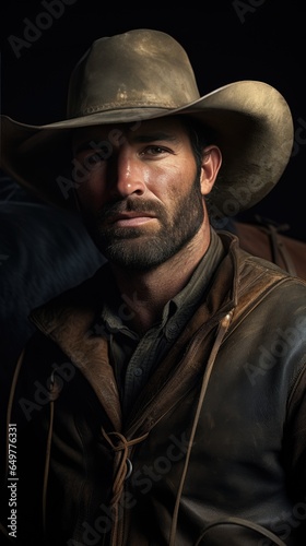 Western cowboy or farmer or rancher portrait outdoor background. Handsome american man wearing leather cowboy hat. 