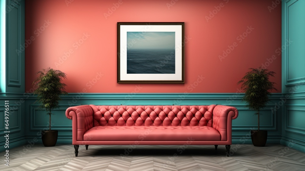 Interior waiting room mockup with sofa and frame 3D render. Interior waiting room mockup with sofa and frame 3D render.