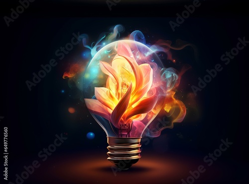 flower with coloful in the light bulb on black background