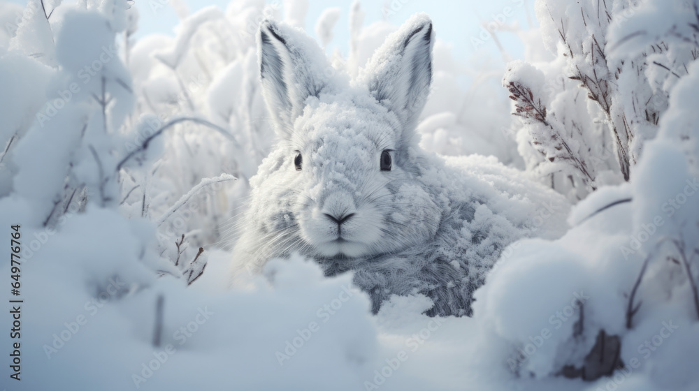 A white rabbit hides in the snow in winter