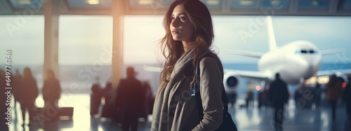 A young woman is waiting for her flight at the airport. photo