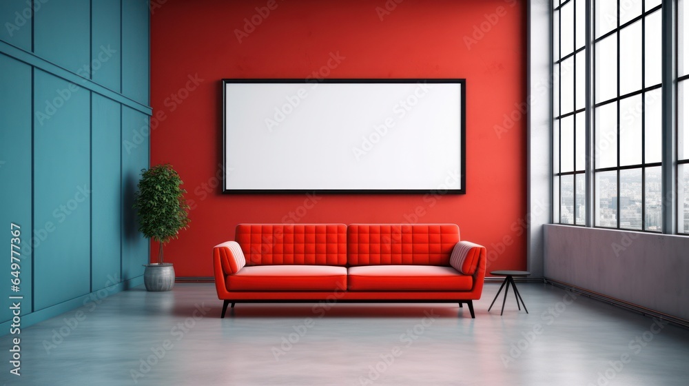 Interior waiting room mockup with sofa and frame 3D render. Interior waiting room mockup with sofa and frame 3D render.