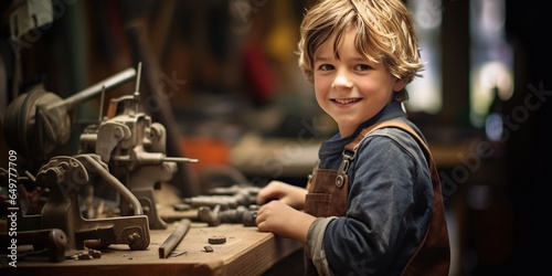 A young craftsman, just ten years old, has gathered in his workshop where wonders come to life.