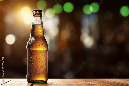 An enticing beer bottle, comfortably perched on the pub's bar counter, promises a delightful evening.