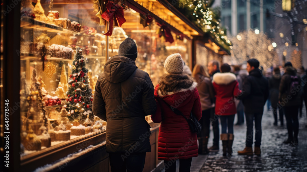 People walk through a Christmas market in winter - obrazy, fototapety, plakaty 