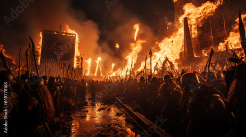 Vikings prepare buckets and hold torches with fire at night