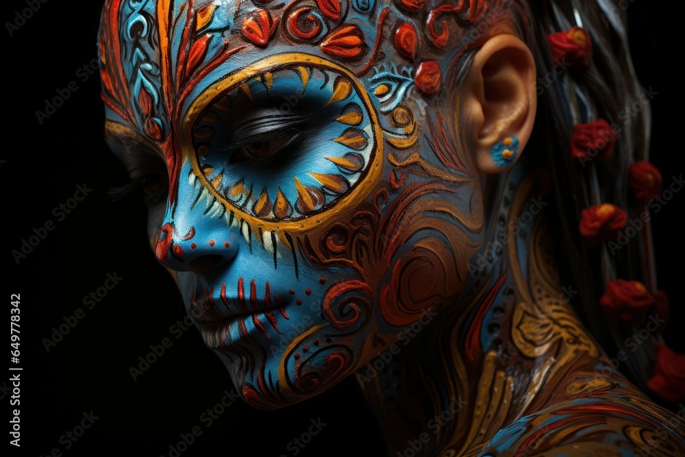 Close-Up Portrait of a Woman with Facepaint Make-Up. Colorful Bodypainting Art. Generative AI. Close-Up Portrait of a Woman with Facepaint Make-Up. Colorful Bodypainting Art. Generative AI.