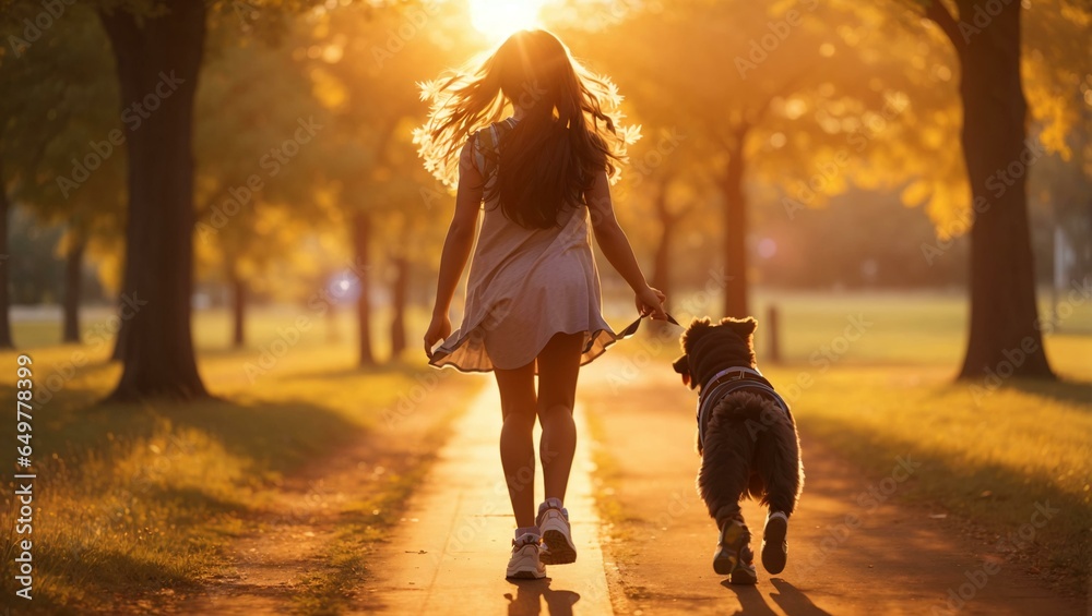 teen girl running with a dog in the park. happy family freedom is a kid's dream concept.
 - obrazy, fototapety, plakaty 