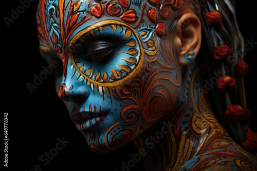 Close-Up Portrait of a Woman with Facepaint Make-Up. Colorful Bodypainting Art. Generative AI.