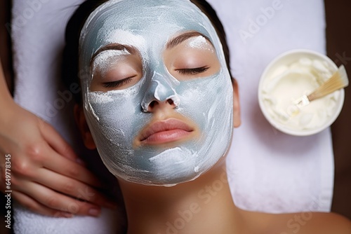 Meet a young woman having a facial mask in a spa salon. This artwork captures the moment of beauty treatment and reminds us of the importance of beauty and skincare. Experience relaxatio Generative AI photo