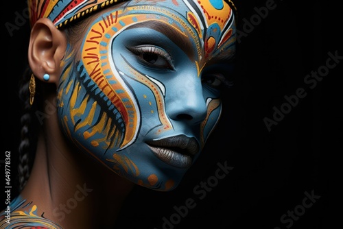 Close-Up Portrait of a Woman with Facepaint Make-Up. Colorful Bodypainting Art. Generative AI. photo