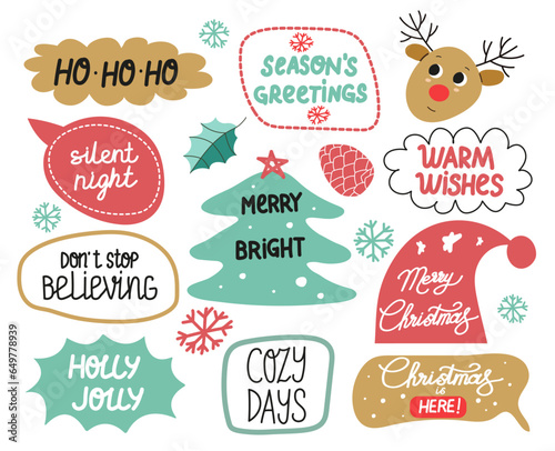 Christmas stickers set. Winter festive quotes. Cute holiday badges, lettering, doodle quotes, stickers. Vector illustration.