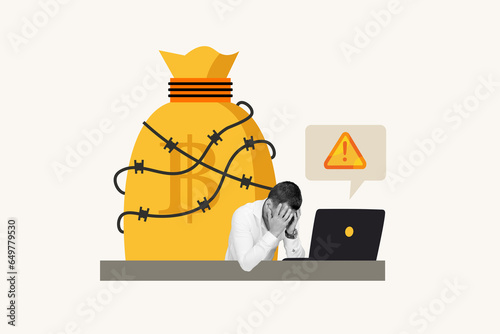 Artwork collage of devastated black white colors guy use netbook danger warning big barbed wire bitcoin bag isolated on creative background